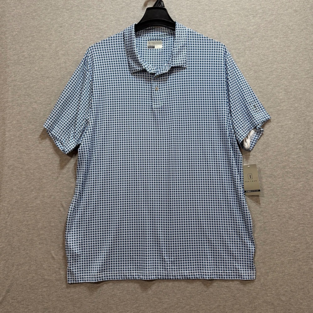 PGA Tour Polo Shirt Mens XXL Blue Geometric Pro Series Athletic Fit Golf Top NEW